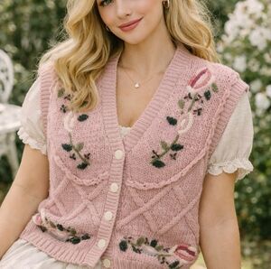 Huntington Ridge XL Hand Knit Pink Floral Embroidered Cottagecore Cardigan